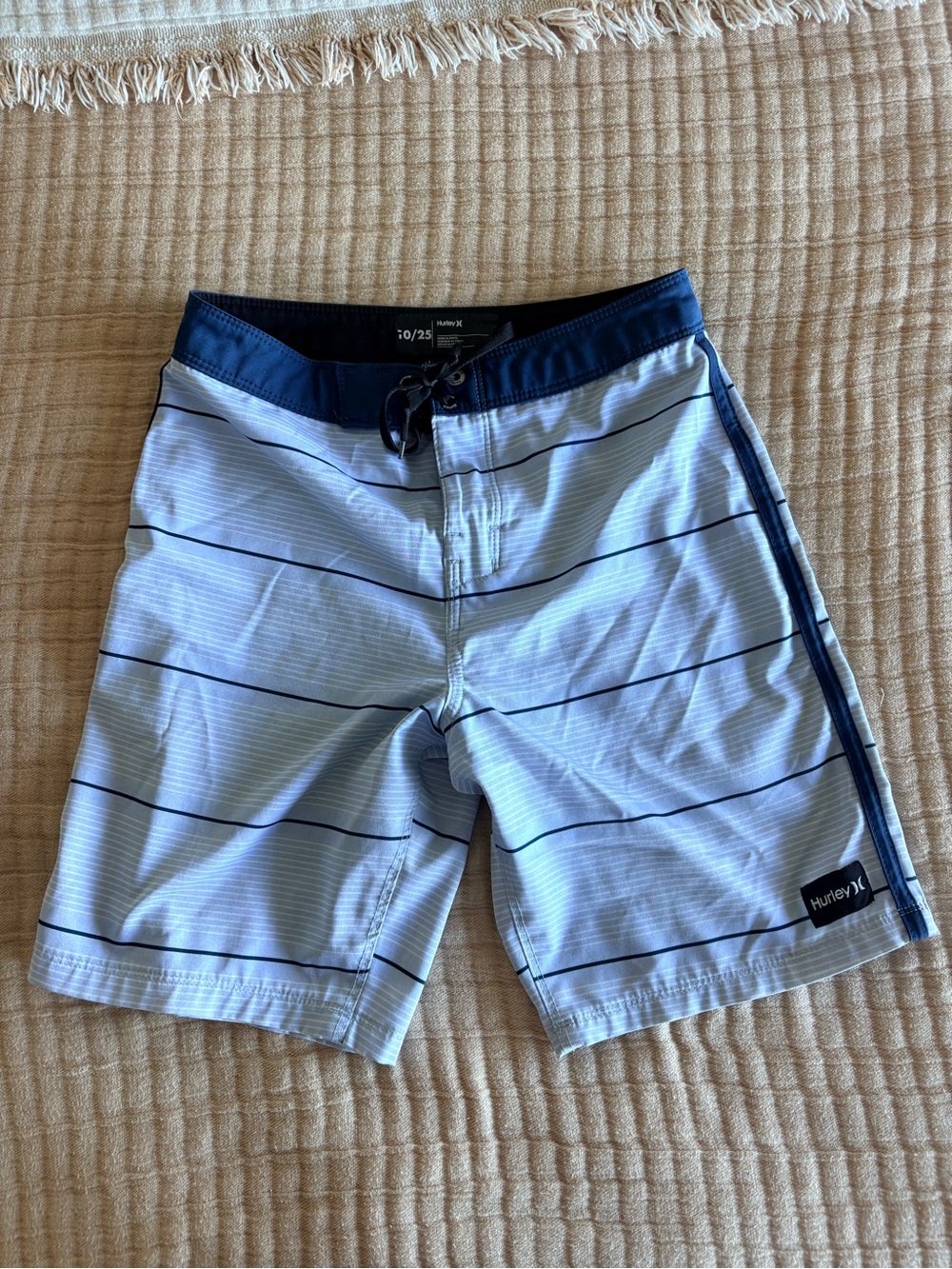 Hurley Boy’s boardshorts size 10/25 Light Blue and Navy Striped